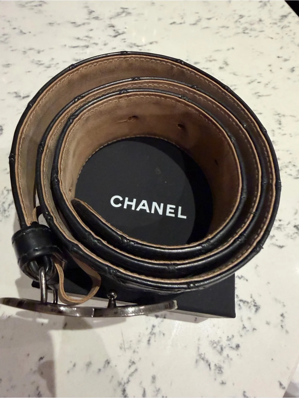 CHANEL Black Quilted Leather Belt with Silver CC Interlocking Buckle